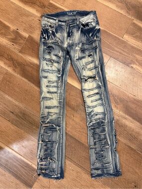 Taker brand heavy-distressed and stacked men's jeans